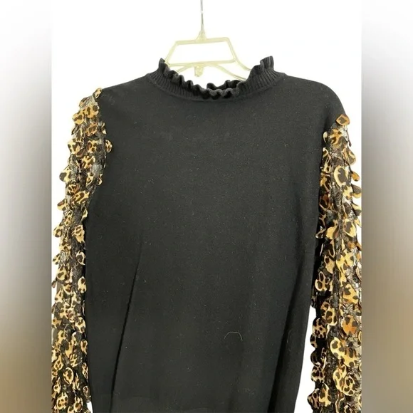 Sioni Leopard Lace Mesh Long Sleeve Ruffle Mock Neck Sweater Top Size Medium - Picture 4 of 8